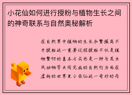 小花仙如何进行授粉与植物生长之间的神奇联系与自然奥秘解析