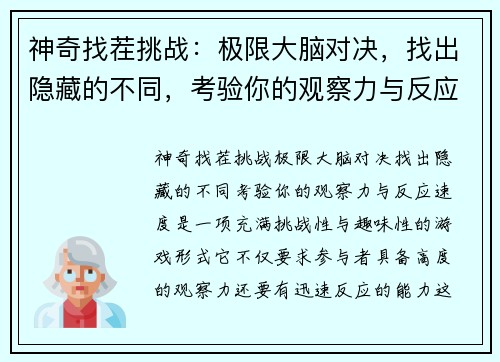 神奇找茬挑战：极限大脑对决，找出隐藏的不同，考验你的观察力与反应速度