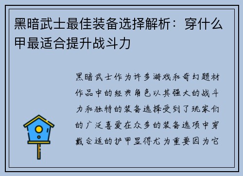 黑暗武士最佳装备选择解析：穿什么甲最适合提升战斗力